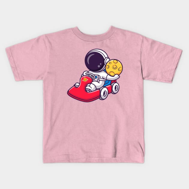 Cute Astronaut Riding Gokart With Holding Moon Cartoon Kids T-Shirt by Catalyst Labs